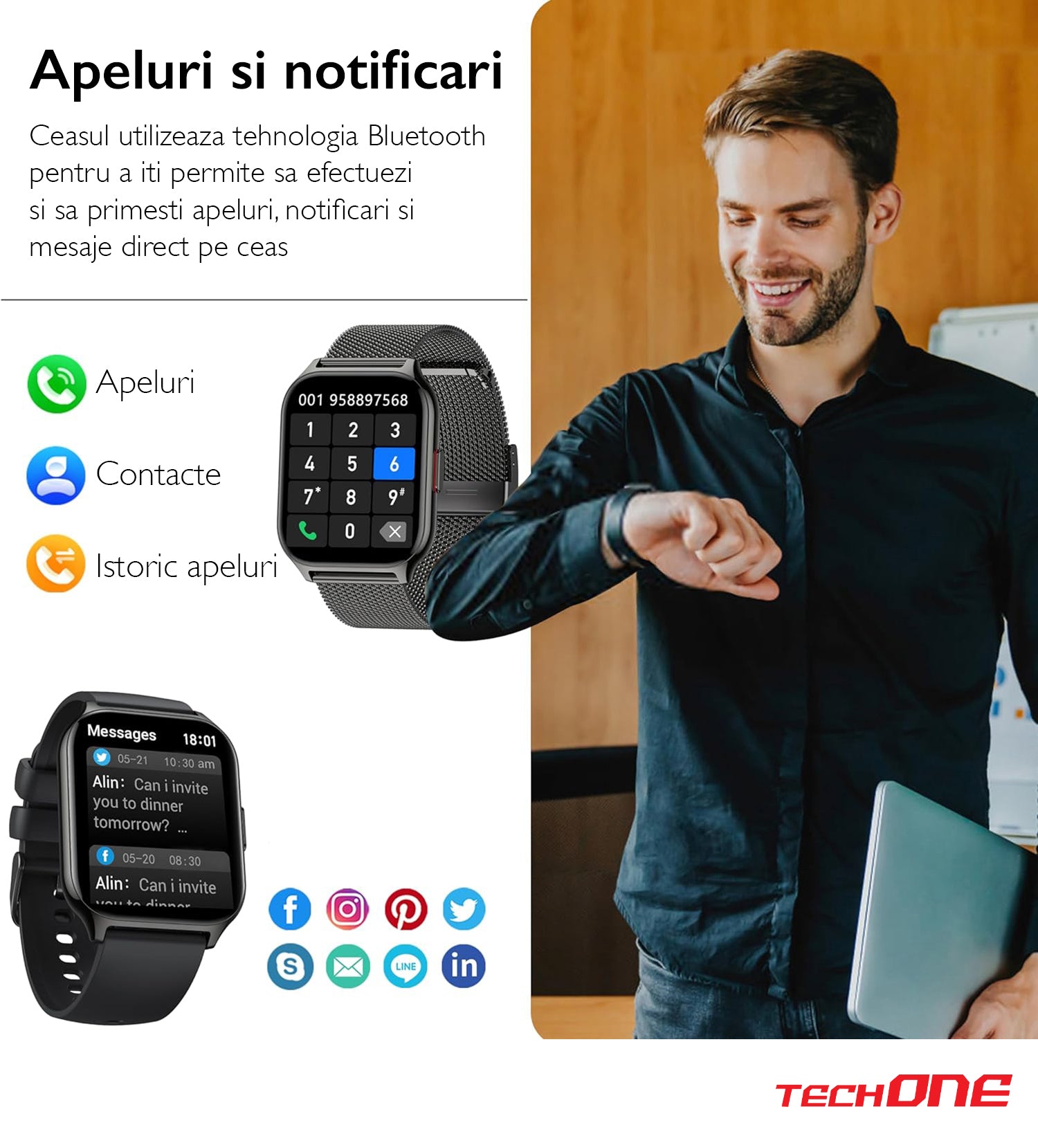 Ceas Smartwatch TechONE Wand Pro, Negru Ceas Smartwatch TechONE Wand Pro, Negru